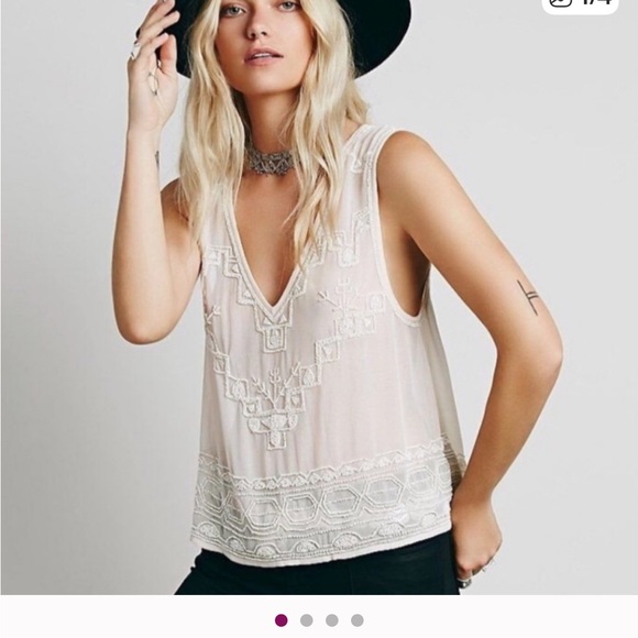 Free People Tops - FREE PEOPLE Champagne Beaded Swing Tank Top Soft Pink Geometric Beadwork XS